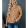 Azura Exchange Khaki Waffle Knit Henley Hooded Top – L