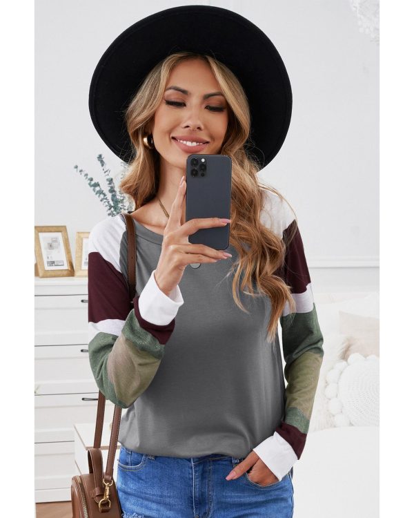 Azura Exchange Gray Color Block Long Sleeve Pullover Top – M