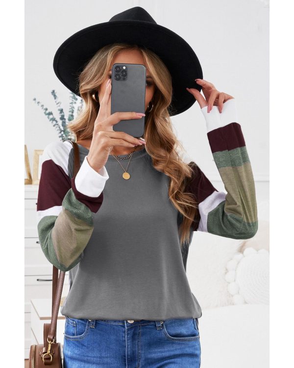 Azura Exchange Gray Color Block Long Sleeve Pullover Top – M