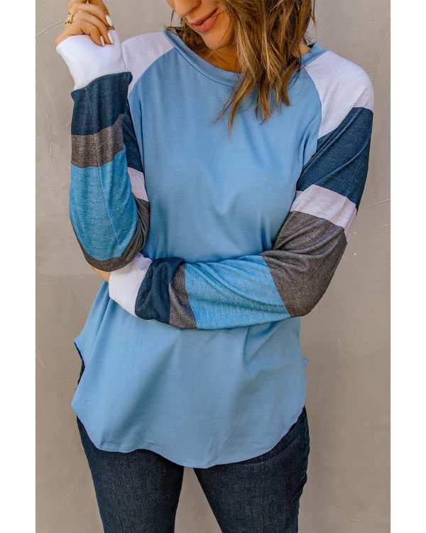 Azura Exchange Blue Color Block Long Sleeves Pullover Top – L