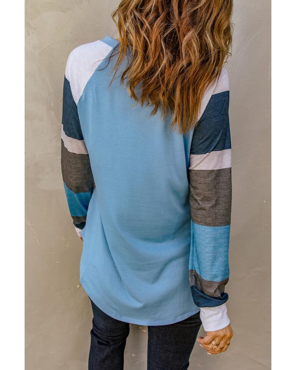 Azura Exchange Blue Color Block Long Sleeves Pullover Top – L