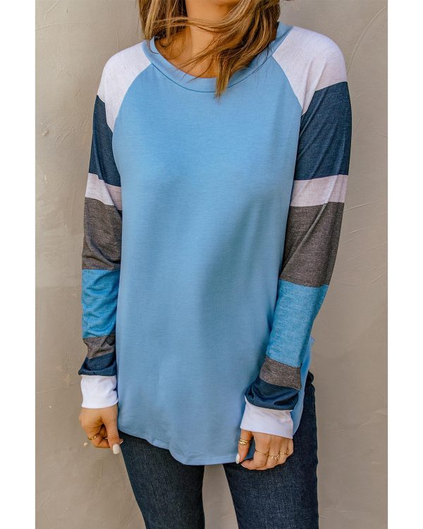 Azura Exchange Blue Color Block Long Sleeves Pullover Top – L