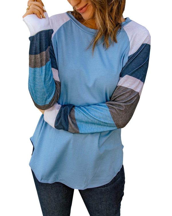 Azura Exchange Blue Color Block Long Sleeves Pullover Top – L