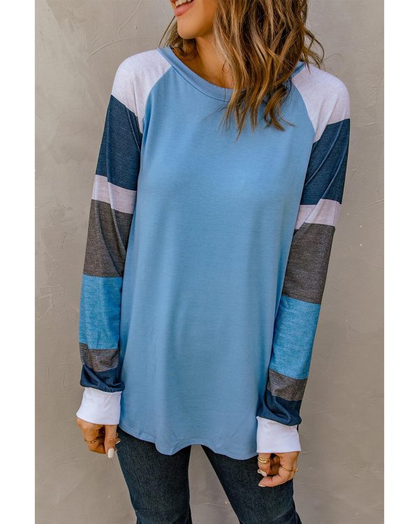 Azura Exchange Blue Color Block Long Sleeves Pullover Top – L