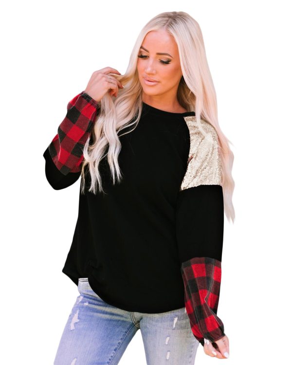 Azura Exchange Lantern Sleeve Plaid Sequin Pullover Sweatshirt – L