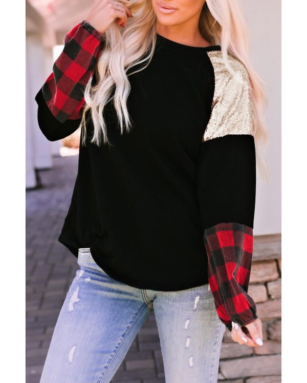 Azura Exchange Lantern Sleeve Plaid Sequin Pullover Sweatshirt – L