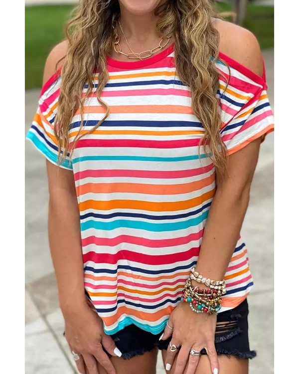 Azura Exchange Relaxed Striped Print Cold Shoulder Top – L