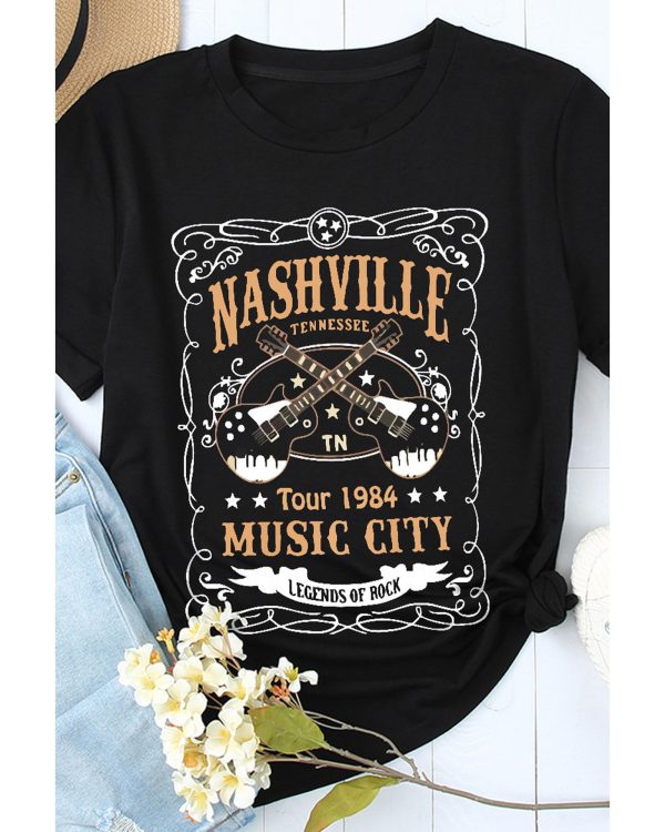 Azura Exchange NASHVILLE Letter Guitar Print Tee – L