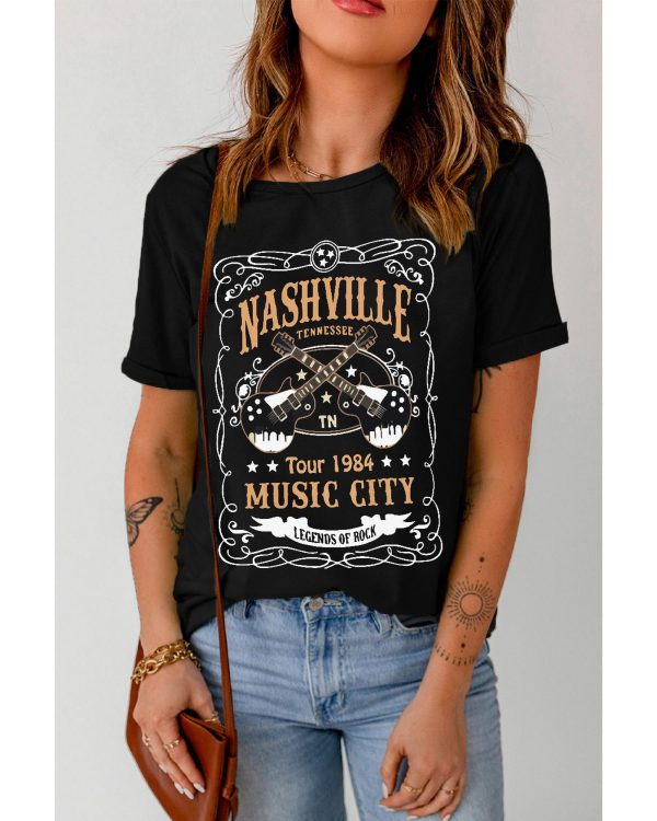 Azura Exchange NASHVILLE Letter Guitar Print Tee – L