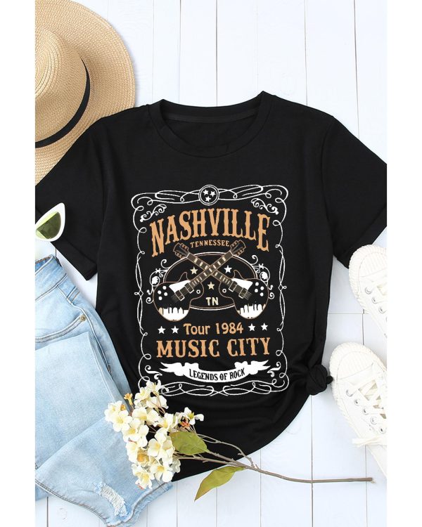 Azura Exchange NASHVILLE Letter Guitar Print Tee – L