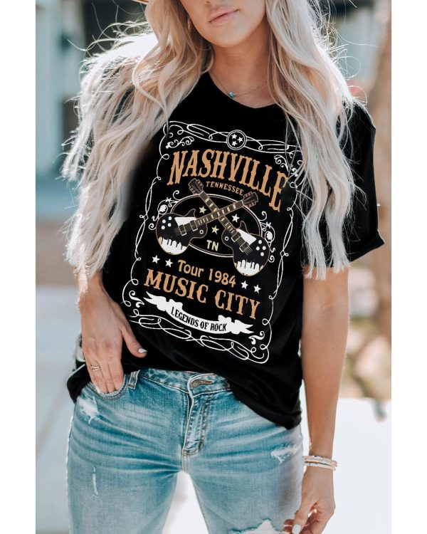 Azura Exchange NASHVILLE Letter Guitar Print Tee – L