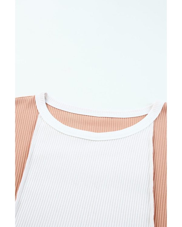 Azura Exchange Short Sleeve Rib Knit Top with Colorblock Stitching – M