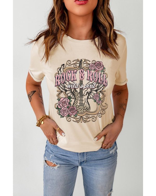 Azura Exchange Vintage Graphic Tee with Khaki ROCK&ROLL Guitar Design – L