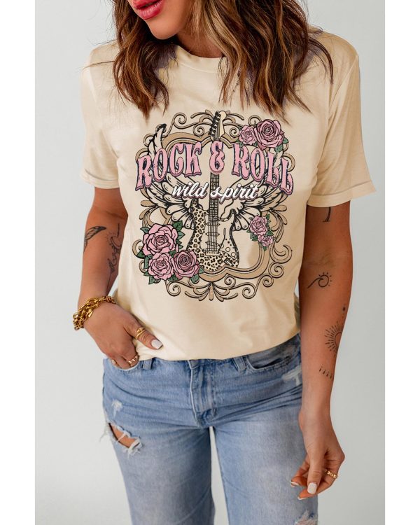 Azura Exchange Vintage Graphic Tee with Khaki ROCK&ROLL Guitar Design – L