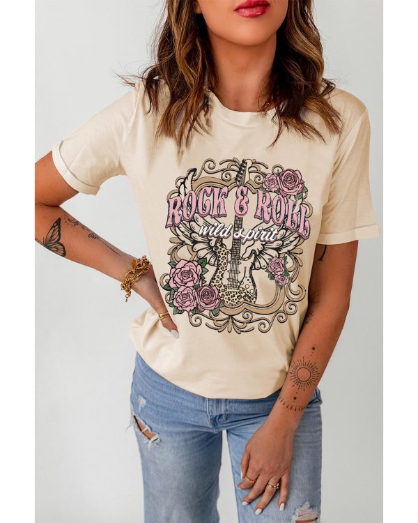 Azura Exchange Vintage Graphic Tee with Khaki ROCK&ROLL Guitar Design – L