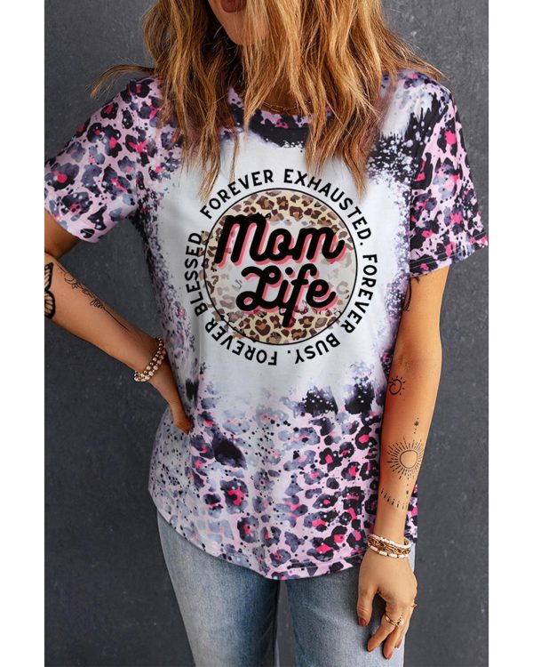 Azura Exchange Leopard Print Graphic Tee with Mom Life Slogan – S