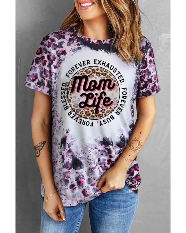 Azura Exchange Leopard Print Graphic Tee with Mom Life Slogan – S