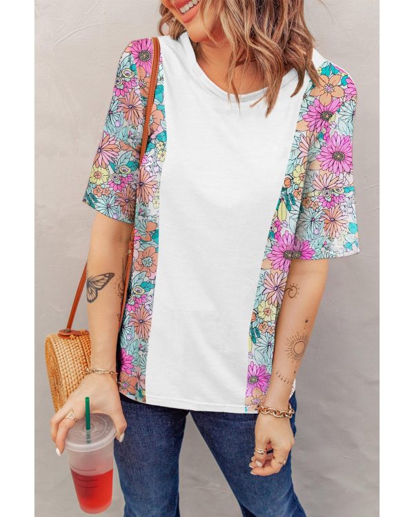 Azura Exchange Patchwork Floral Print Short Sleeve Top – L