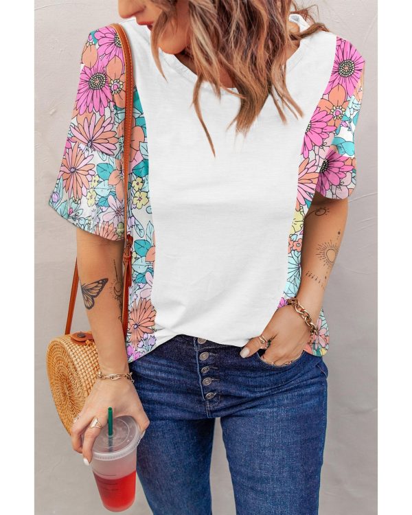 Azura Exchange Patchwork Floral Print Short Sleeve Top – L