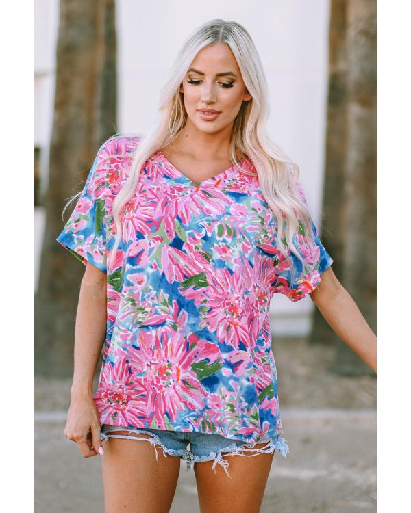 Azura Exchange Loose Fit Floral Print V Neck T Shirt – L