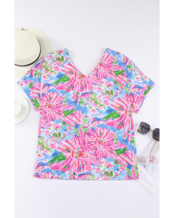 Azura Exchange Loose Fit Floral Print V Neck T Shirt – L