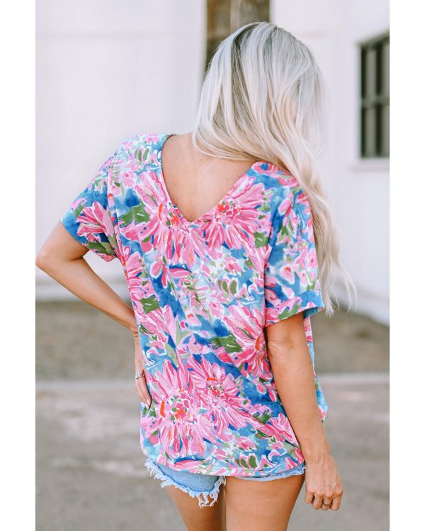 Azura Exchange Loose Fit Floral Print V Neck T Shirt – L