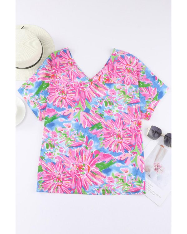 Azura Exchange Loose Fit Floral Print V Neck T Shirt – L