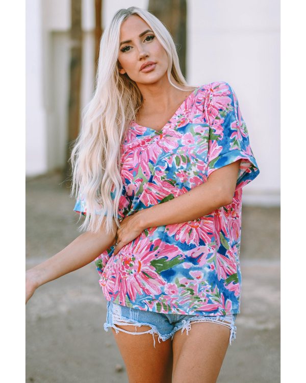 Azura Exchange Loose Fit Floral Print V Neck T Shirt – L