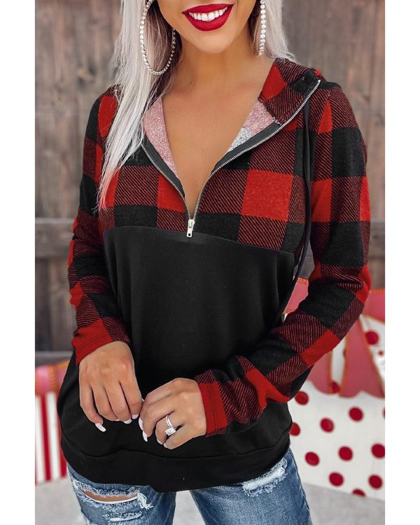 Azura Exchange Buffalo Plaid Zip Pullover Hooded Top – L