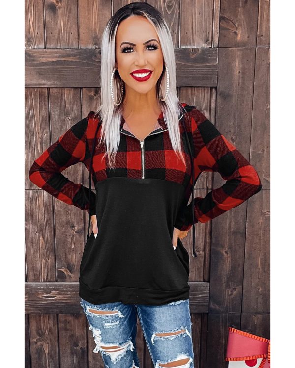 Azura Exchange Buffalo Plaid Zip Pullover Hooded Top – L