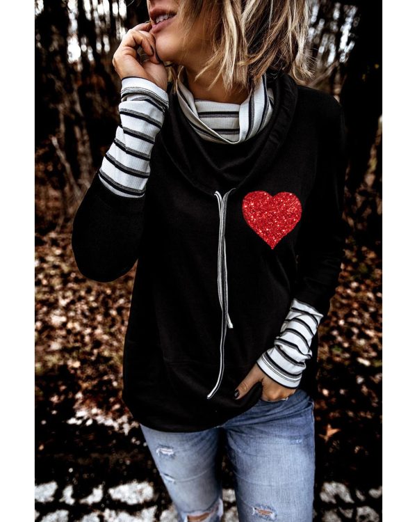 Azura Exchange Glitter Heart Print Striped Cowl Neck Sweatshirt – M