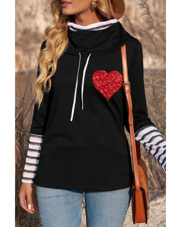 Azura Exchange Glitter Heart Print Striped Cowl Neck Sweatshirt – M