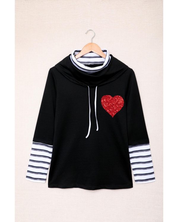 Azura Exchange Glitter Heart Print Striped Cowl Neck Sweatshirt – M