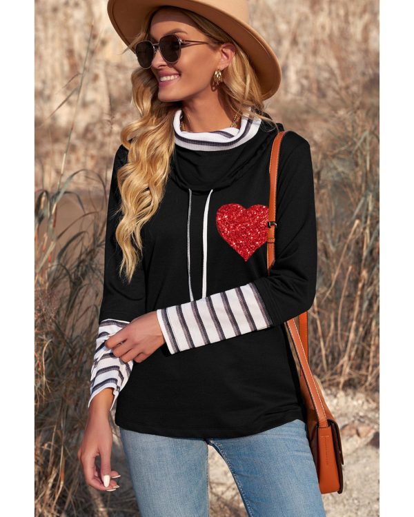 Azura Exchange Glitter Heart Print Striped Cowl Neck Sweatshirt – M