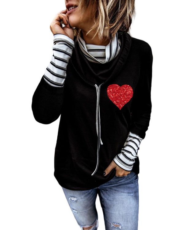 Azura Exchange Glitter Heart Print Striped Cowl Neck Sweatshirt – M