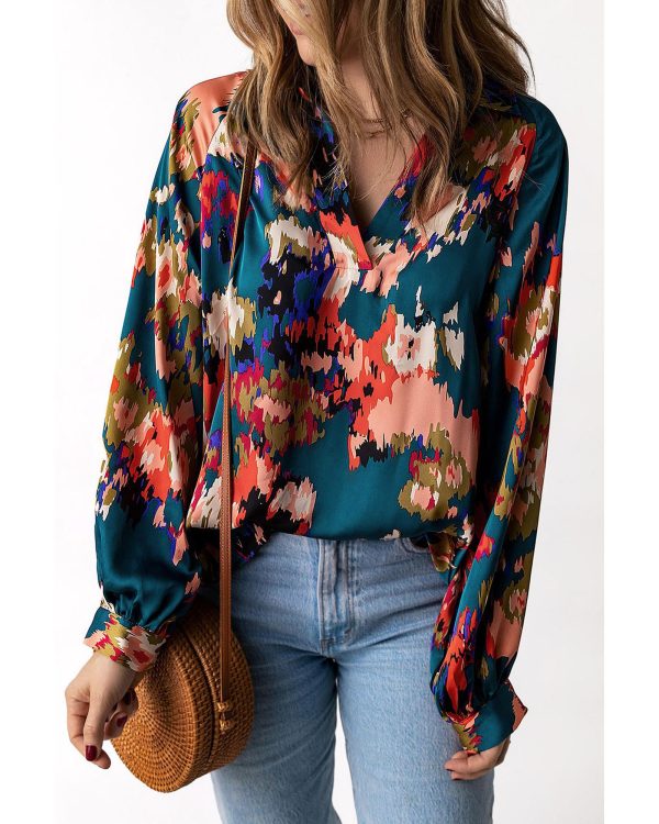 Azura Exchange Graffiti Printed V Neck Puff Sleeve Blouse – L