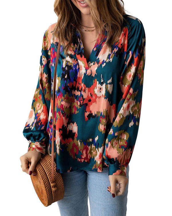 Azura Exchange Graffiti Printed V Neck Puff Sleeve Blouse – L