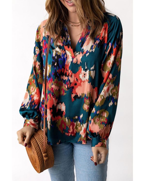 Azura Exchange Graffiti Printed V Neck Puff Sleeve Blouse – L