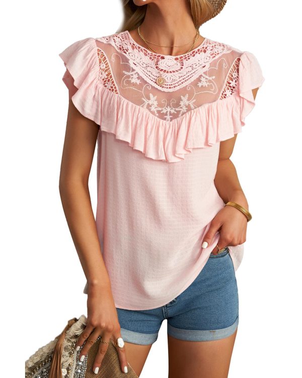 Azura Exchange Lace Splicing Ruffled Short Sleeve T-shirt – 2XL