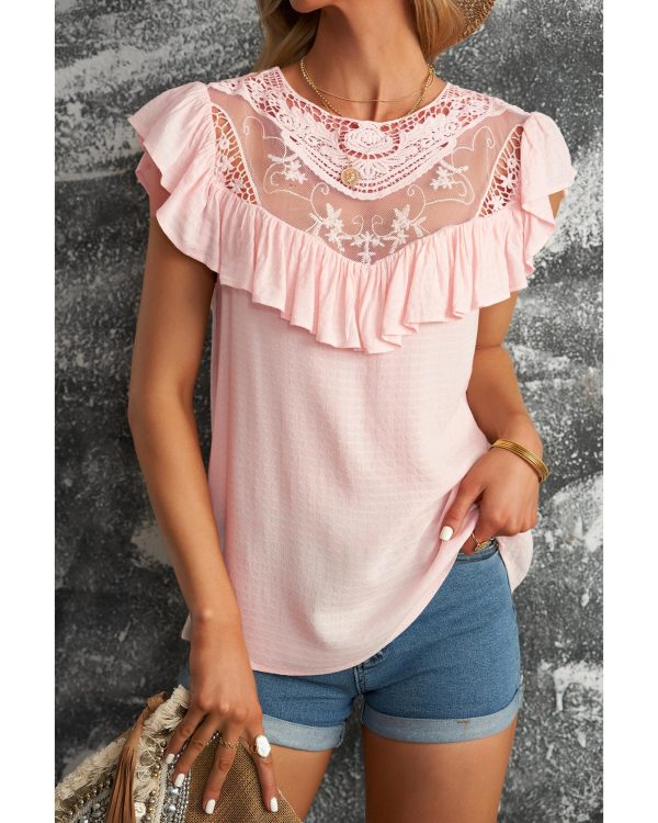 Azura Exchange Lace Splicing Ruffled Short Sleeve T-shirt – 2XL