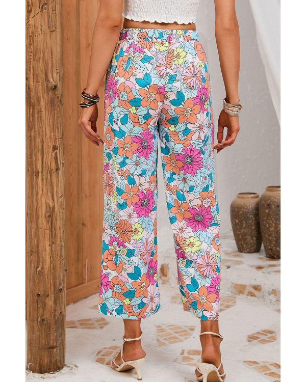 Azura Exchange Flower Print Pocketed Drawstring Waist Wide Leg Pants – L