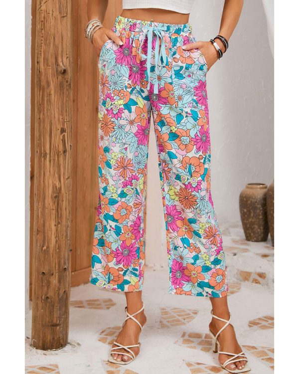 Azura Exchange Flower Print Pocketed Drawstring Waist Wide Leg Pants – L