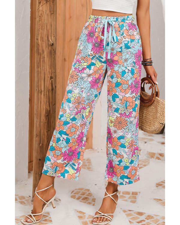 Azura Exchange Flower Print Pocketed Drawstring Waist Wide Leg Pants – L