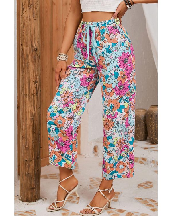 Azura Exchange Flower Print Pocketed Drawstring Waist Wide Leg Pants – L