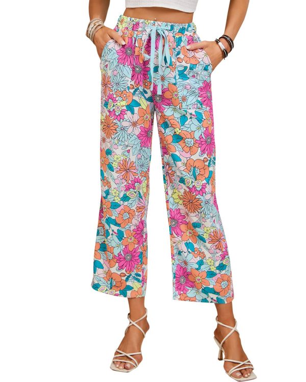 Azura Exchange Flower Print Pocketed Drawstring Waist Wide Leg Pants – L