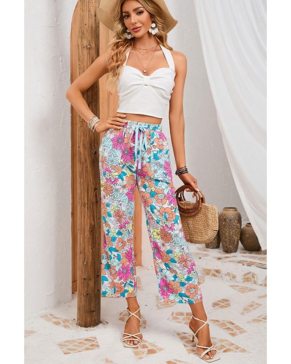 Azura Exchange Flower Print Pocketed Drawstring Waist Wide Leg Pants – L