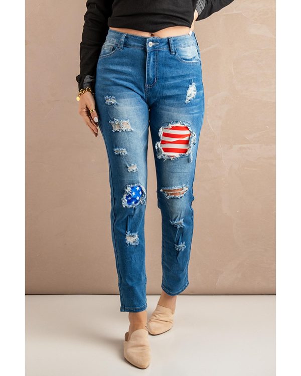 Azura Exchange Stripes and Stars Patches Ripped Jeans – L