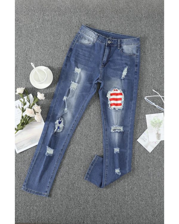 Azura Exchange Stripes and Stars Patches Ripped Jeans – L