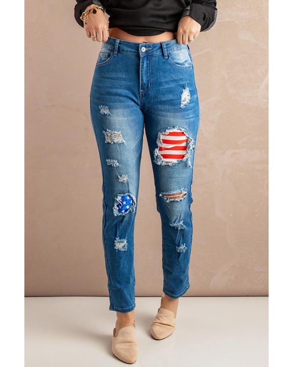 Azura Exchange Stripes and Stars Patches Ripped Jeans – L