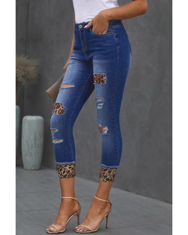 Azura Exchange Leopard Patches Distressed Skinny Jeans – L